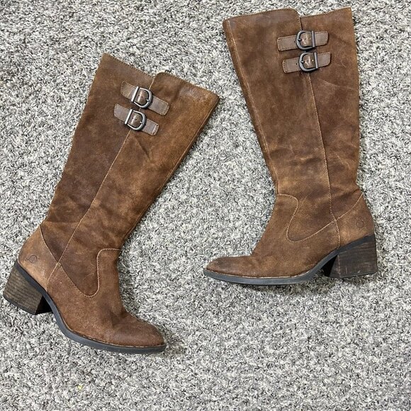 Born Basil Riding Boots Chestnut Burnt Brown Suede Leather Buckle Knee High 7 M - Picture 1 of 7
